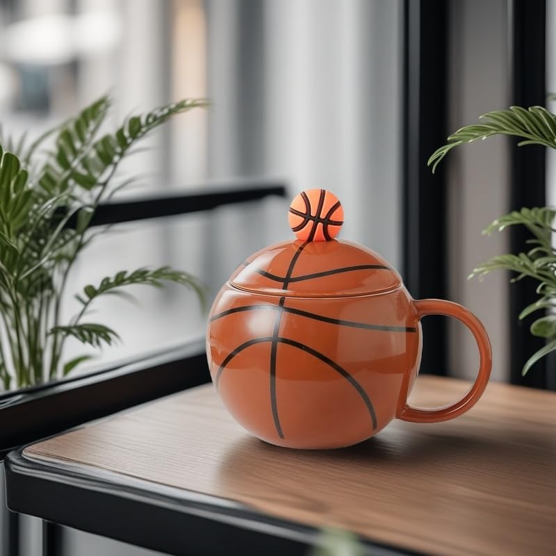 Basketball-Themed Ceramic Mug with Lid and Spoon – Fun Sports Gift for Fans, Players, Coaches & Kids – 14oz Coffee Tea Cup with Basketball Design (Red)