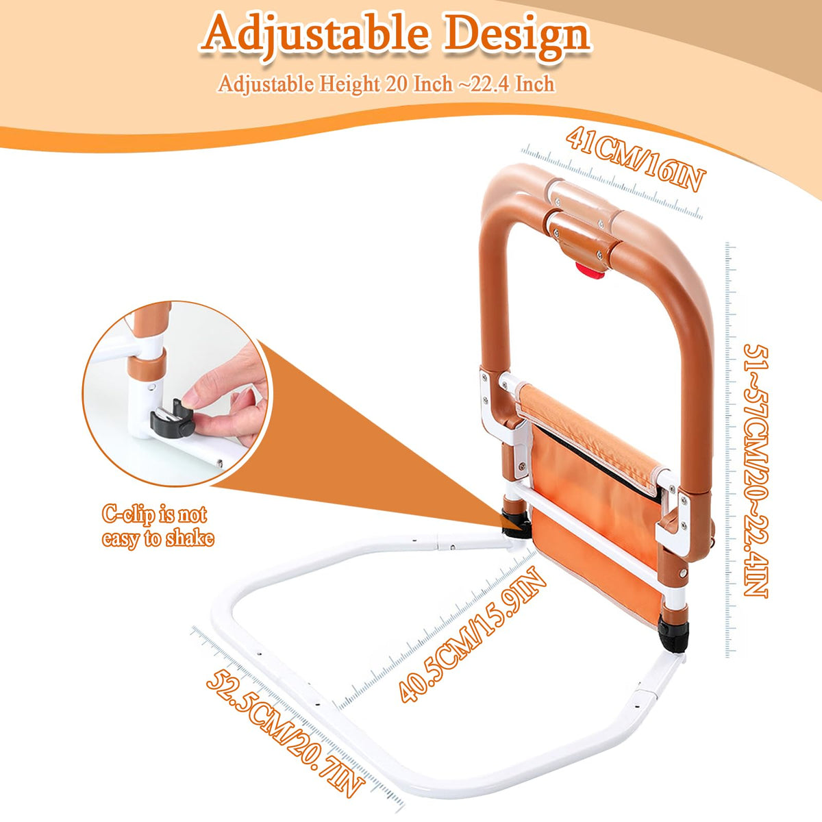 Adjustable Bed Rail for Elderly – Foldable Bedside Safety Grab Bar with Non-Slip Handle & Storage Pouch, Fits Twin to King Beds (Orange)