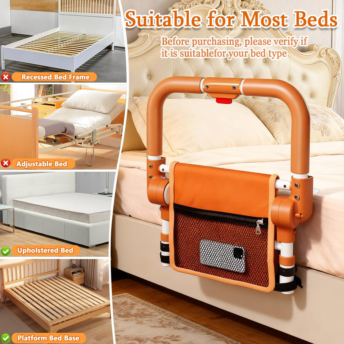 Adjustable Bed Rail for Elderly – Foldable Bedside Safety Grab Bar with Non-Slip Handle & Storage Pouch, Fits Twin to King Beds (Orange)