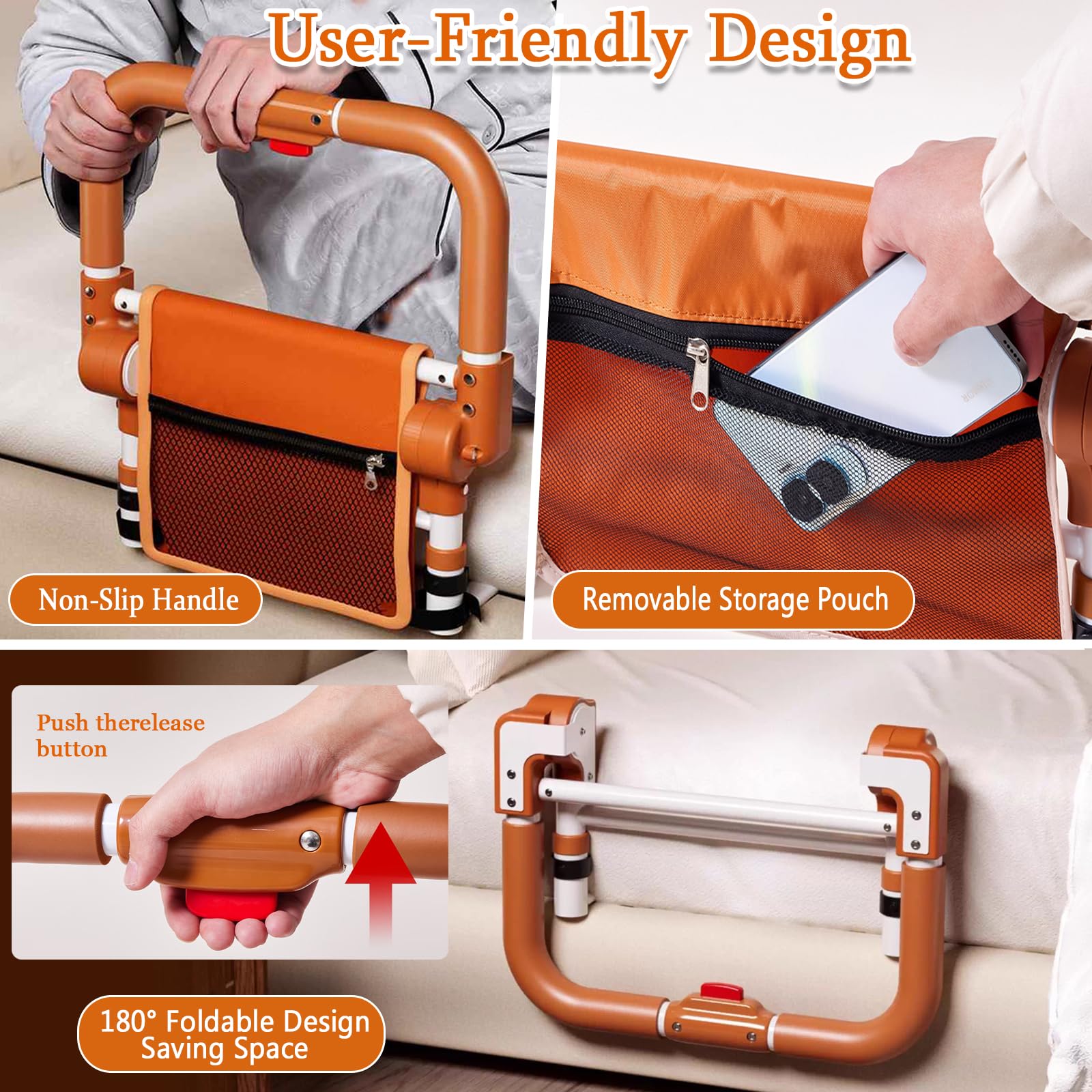 Adjustable Bed Rail for Elderly – Foldable Bedside Safety Grab Bar with Non-Slip Handle & Storage Pouch, Fits Twin to King Beds (Orange)