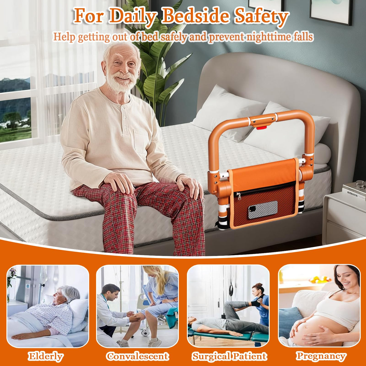 Adjustable Bed Rail for Elderly – Foldable Bedside Safety Grab Bar with Non-Slip Handle & Storage Pouch, Fits Twin to King Beds (Orange)