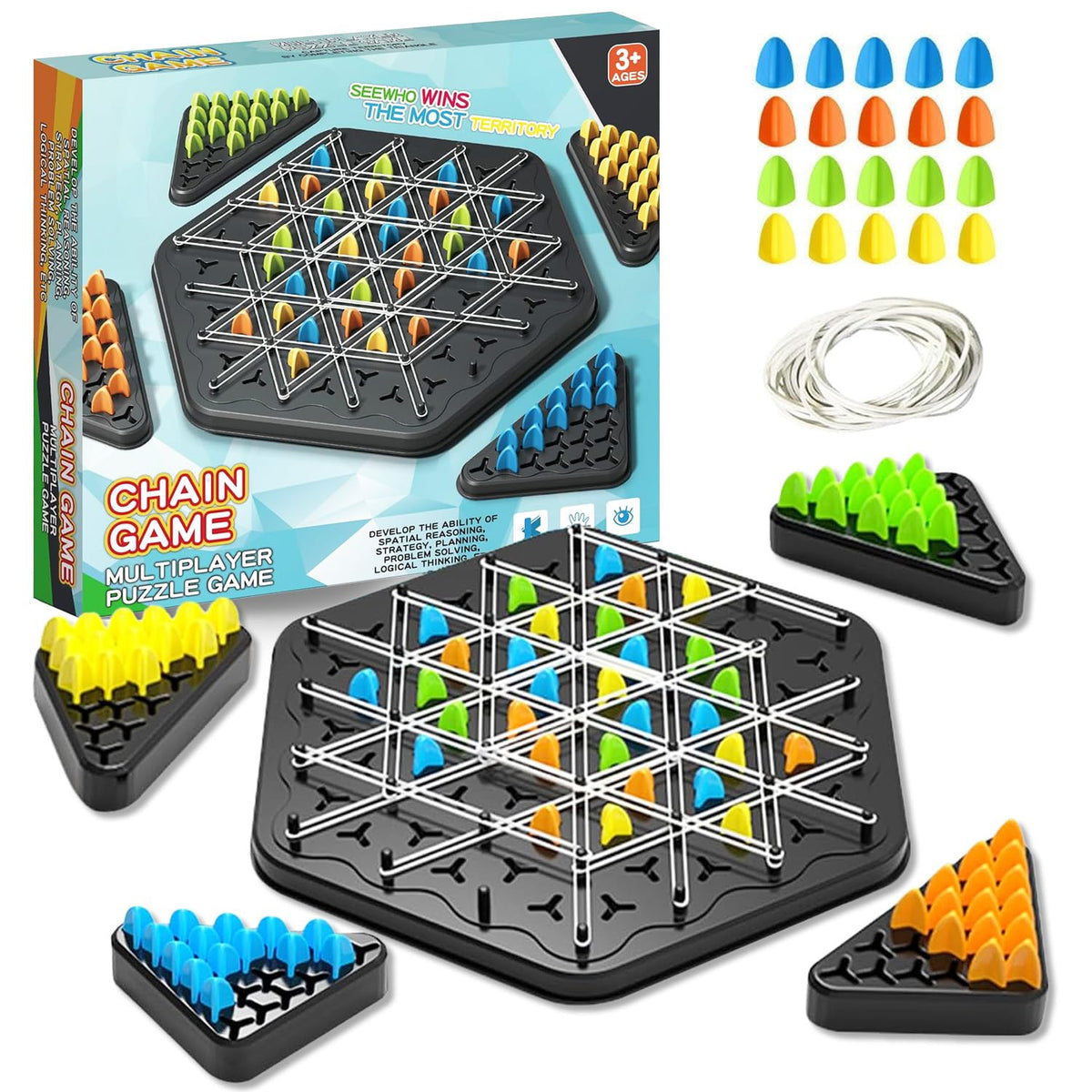Chain Game – Multiplayer Strategy Board Puzzle for Kids &amp; Adults | Fun Geometric Chess with Rubber Bands, 2–4 Players | Ideal Family Game for Parties, Gifts &amp; Screen-Free Play