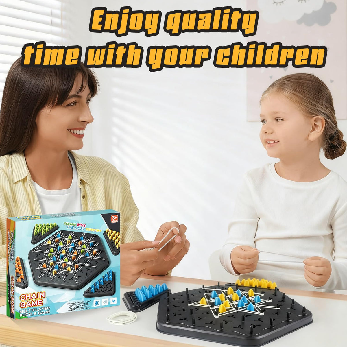 Chain Game – Multiplayer Strategy Board Puzzle for Kids & Adults | Fun Geometric Chess with Rubber Bands, 2–4 Players | Ideal Family Game for Parties, Gifts & Screen-Free Play