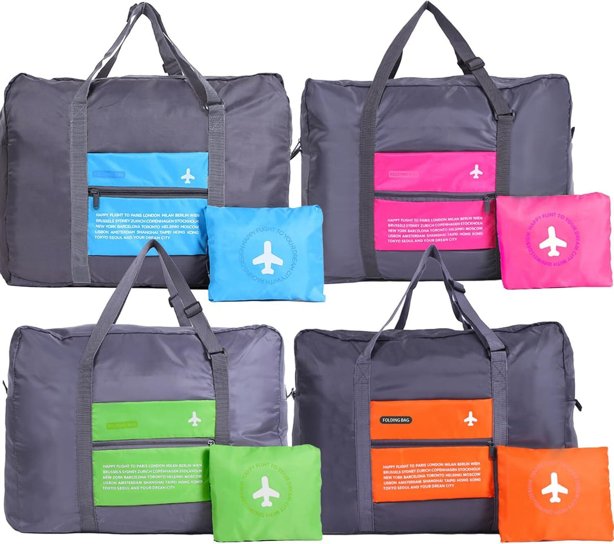 4-Pack Foldable Travel Duffel Bag Set – Compact Carry-On Luggage in Pink, Blue, Green &amp; Orange | Perfect for Family Trips, Gifts &amp; Organized Travel