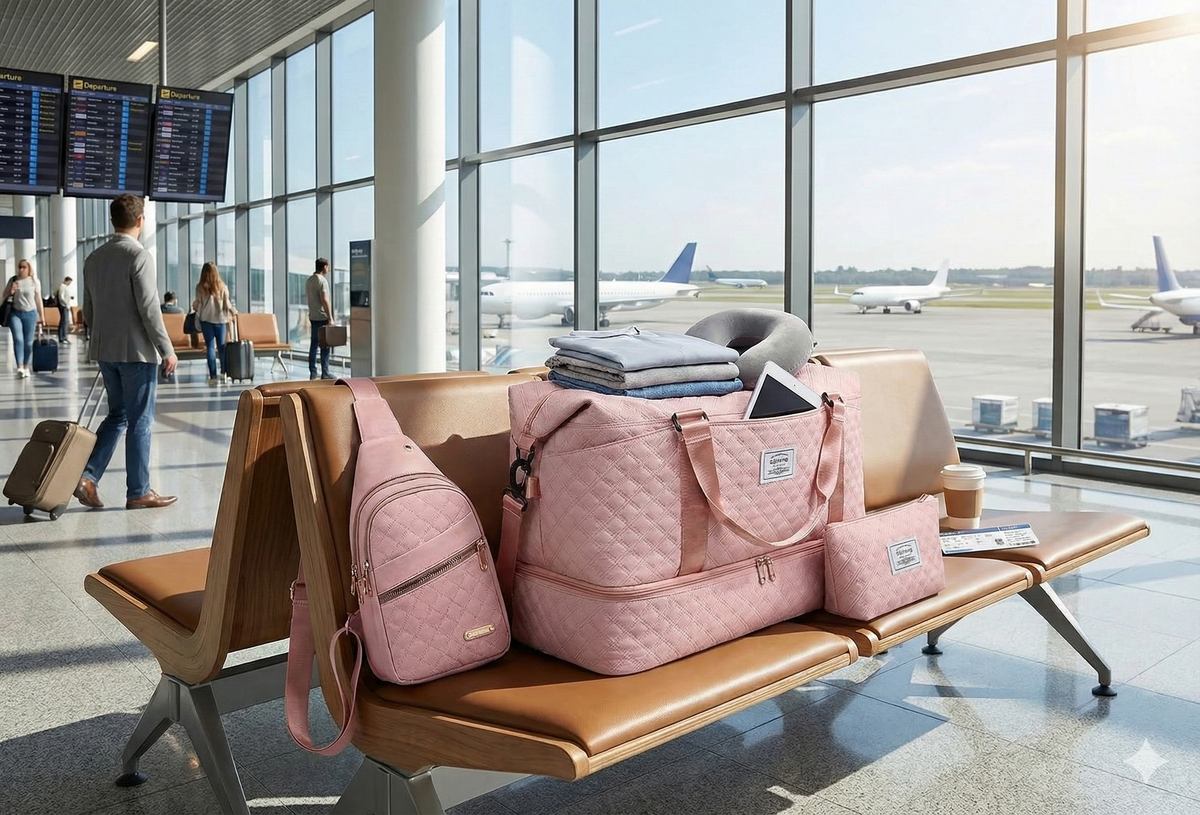 Women’s 3-Piece Travel Bag Set – Large Duffel, Crossbody Backpack & Toiletry Pouch for Gym, Maternity and Weekend Getaways (Pink)  | Other Colors Available in Store