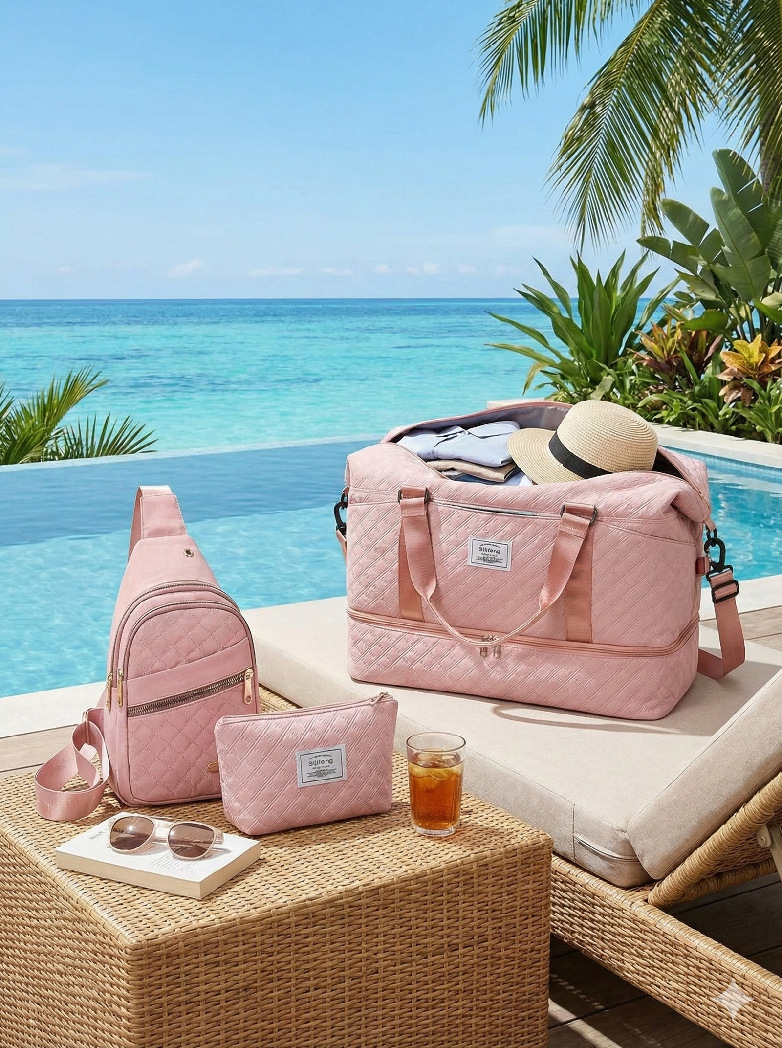 Women’s 3-Piece Travel Bag Set – Large Duffel, Crossbody Backpack & Toiletry Pouch for Gym, Maternity and Weekend Getaways (Pink)  | Other Colors Available in Store