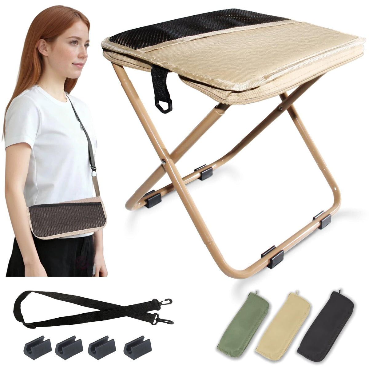 Khaki Portable Folding Chair – Compact Outdoor Stool for Camping, Fishing &amp; Hiking | Lightweight Collapsible Seat with Carry Bag | Durable Steel Frame | Other Colours Available In-Store