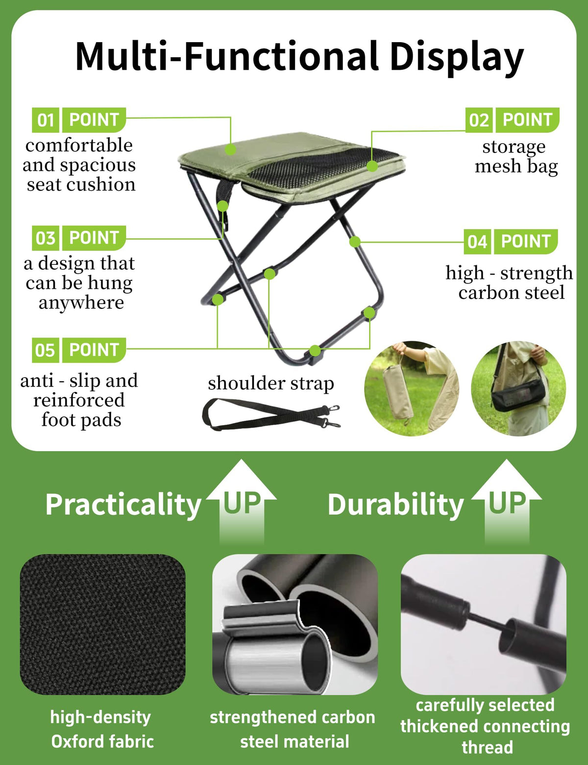 Khaki Portable Folding Chair – Compact Outdoor Stool for Camping, Fishing & Hiking | Lightweight Collapsible Seat with Carry Bag | Durable Steel Frame | Other Colours Available In-Store