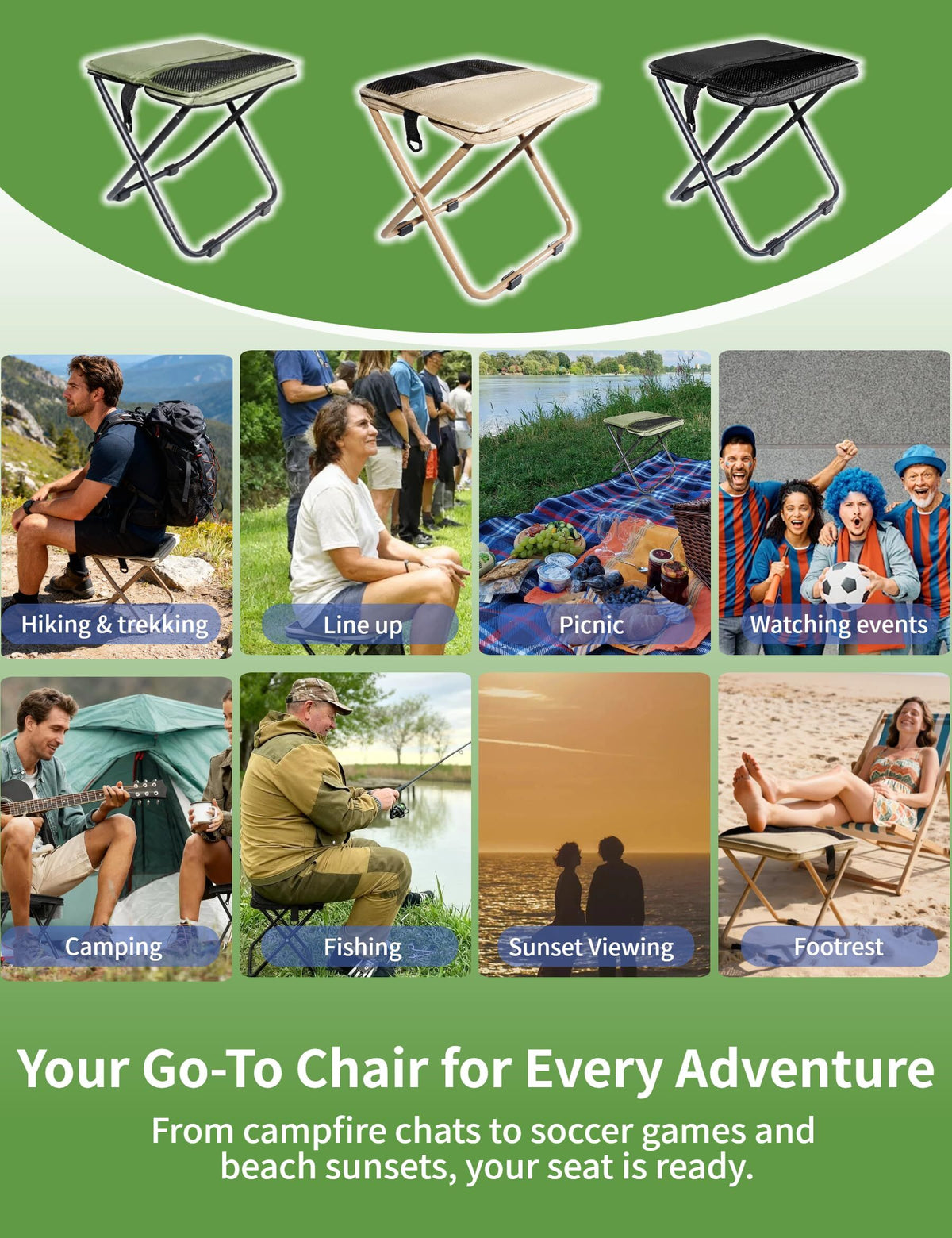Khaki Portable Folding Chair – Compact Outdoor Stool for Camping, Fishing & Hiking | Lightweight Collapsible Seat with Carry Bag | Durable Steel Frame | Other Colours Available In-Store