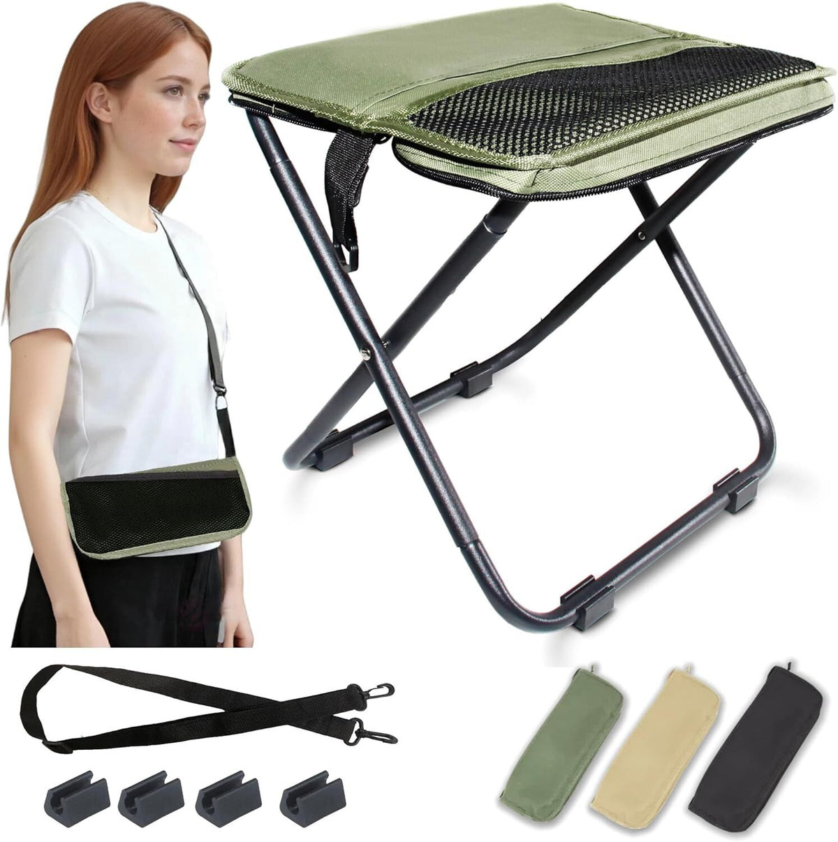 Green Portable Folding Chair – Compact Outdoor Stool for Camping, Fishing &amp; Hiking | Lightweight Collapsible Seat with Carry Bag | Durable Steel Frame | Other Colours Available In-Store