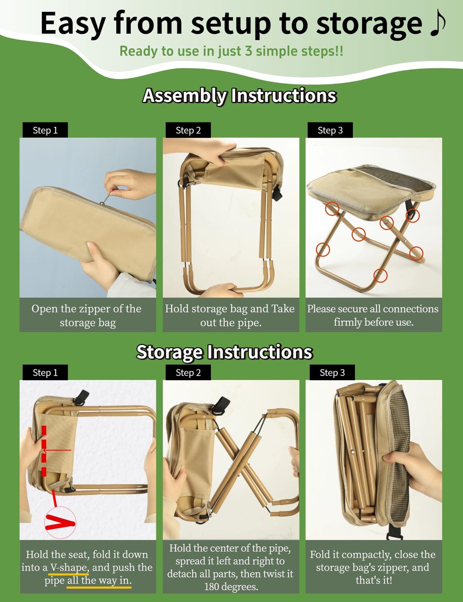Green Portable Folding Chair – Compact Outdoor Stool for Camping, Fishing & Hiking | Lightweight Collapsible Seat with Carry Bag | Durable Steel Frame | Other Colours Available In-Store