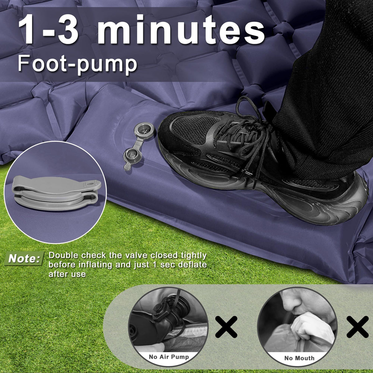 Double Camping Pad with Built-in Pillow: Foot Pump Inflatable Mattress for Tent/Backpacking – Ultralight, Foldable (Dark Blue)