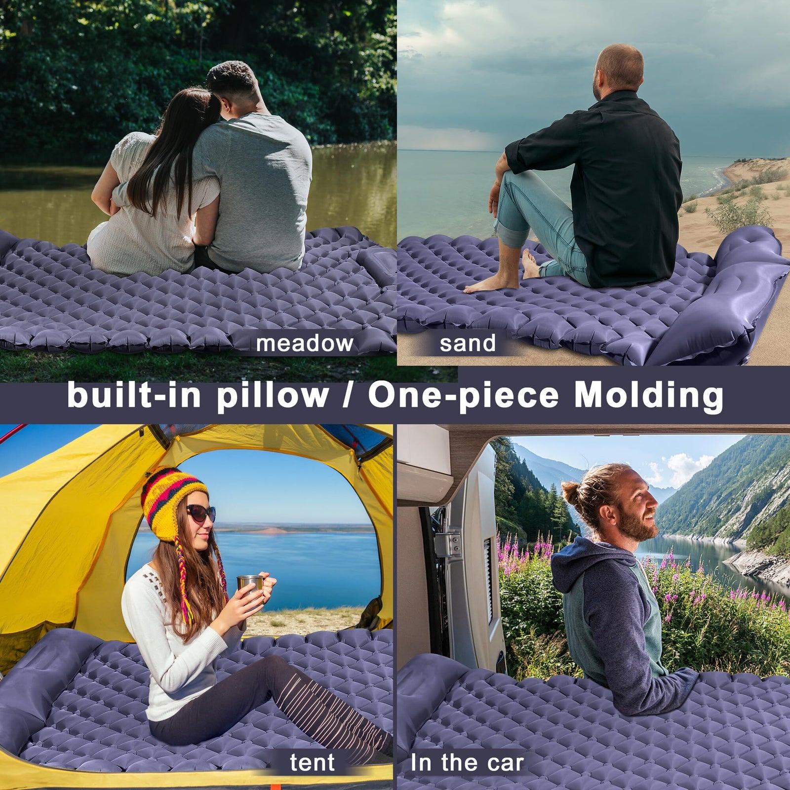 Double Camping Pad with Built-in Pillow: Foot Pump Inflatable Mattress for Tent/Backpacking – Ultralight, Foldable (Dark Blue)