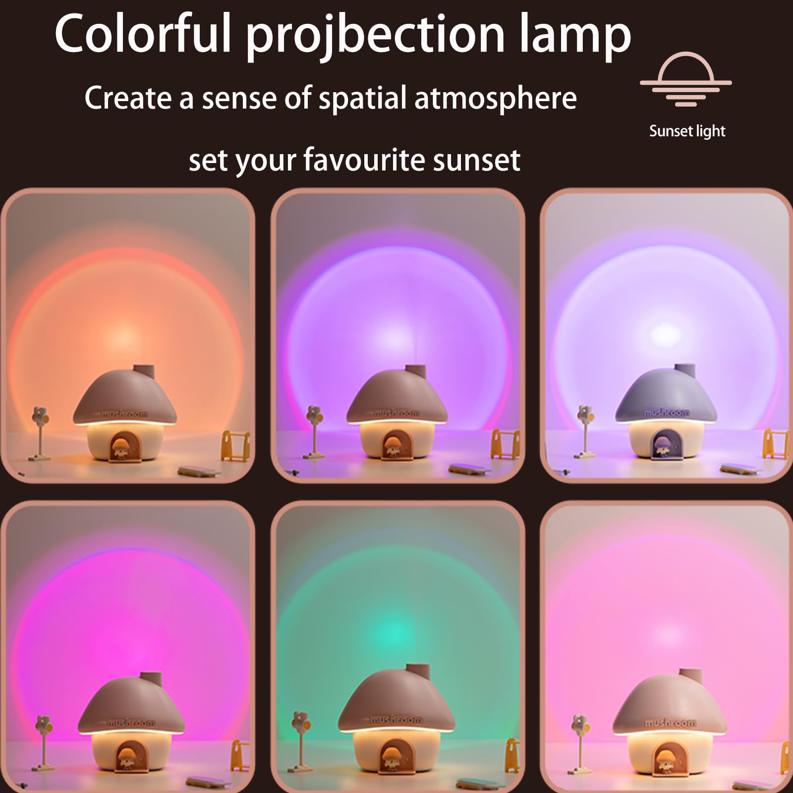 Portable Mushroom Humidifier with 7 Color Sunset Light, USB Rechargeable Mini Air Moisturizer for Desk, Bedroom, Travel, Baby Room – Silent & Cute Design Use(Pink)