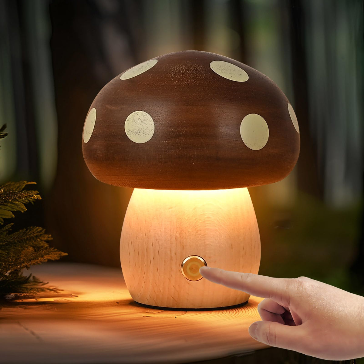 Touch Control Mushroom Night Light – Rechargeable Wooden Desk Lamp with 4 Brightness Levels, Soft Warm Glow for Baby Nursery, Bedroom, or Travel (Wooden Color)