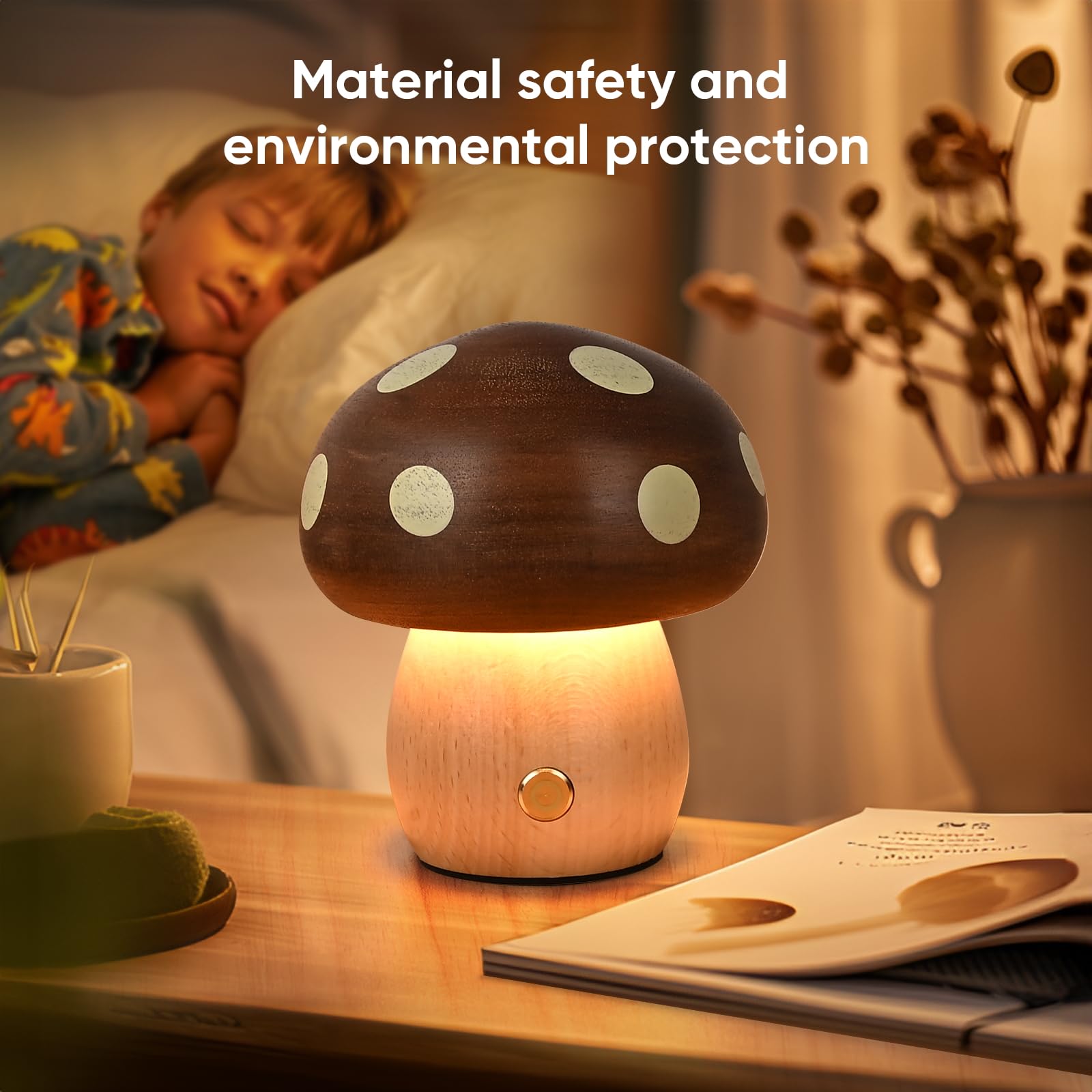 Touch Control Mushroom Night Light – Rechargeable Wooden Desk Lamp with 4 Brightness Levels, Soft Warm Glow for Baby Nursery, Bedroom, or Travel (Wooden Color)