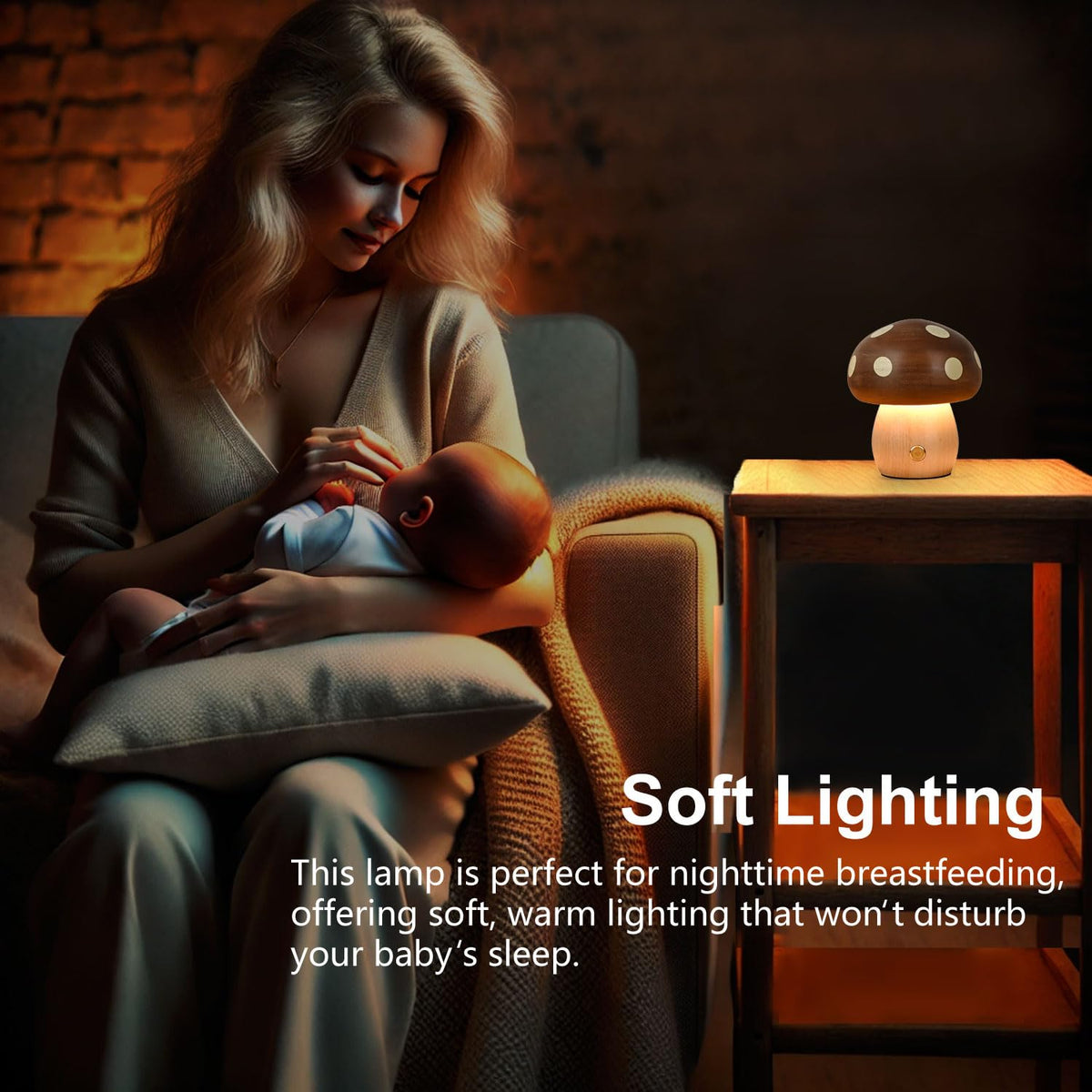 Touch Control Mushroom Night Light – Rechargeable Wooden Desk Lamp with 4 Brightness Levels, Soft Warm Glow for Baby Nursery, Bedroom, or Travel (Wooden Color)