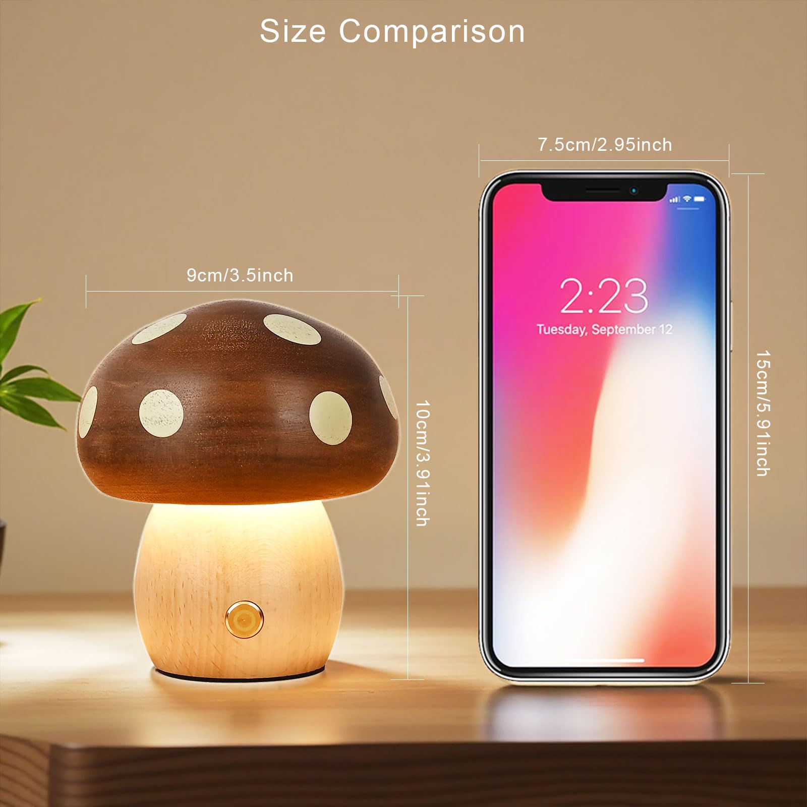 Touch Control Mushroom Night Light – Rechargeable Wooden Desk Lamp with 4 Brightness Levels, Soft Warm Glow for Baby Nursery, Bedroom, or Travel (Wooden Color)