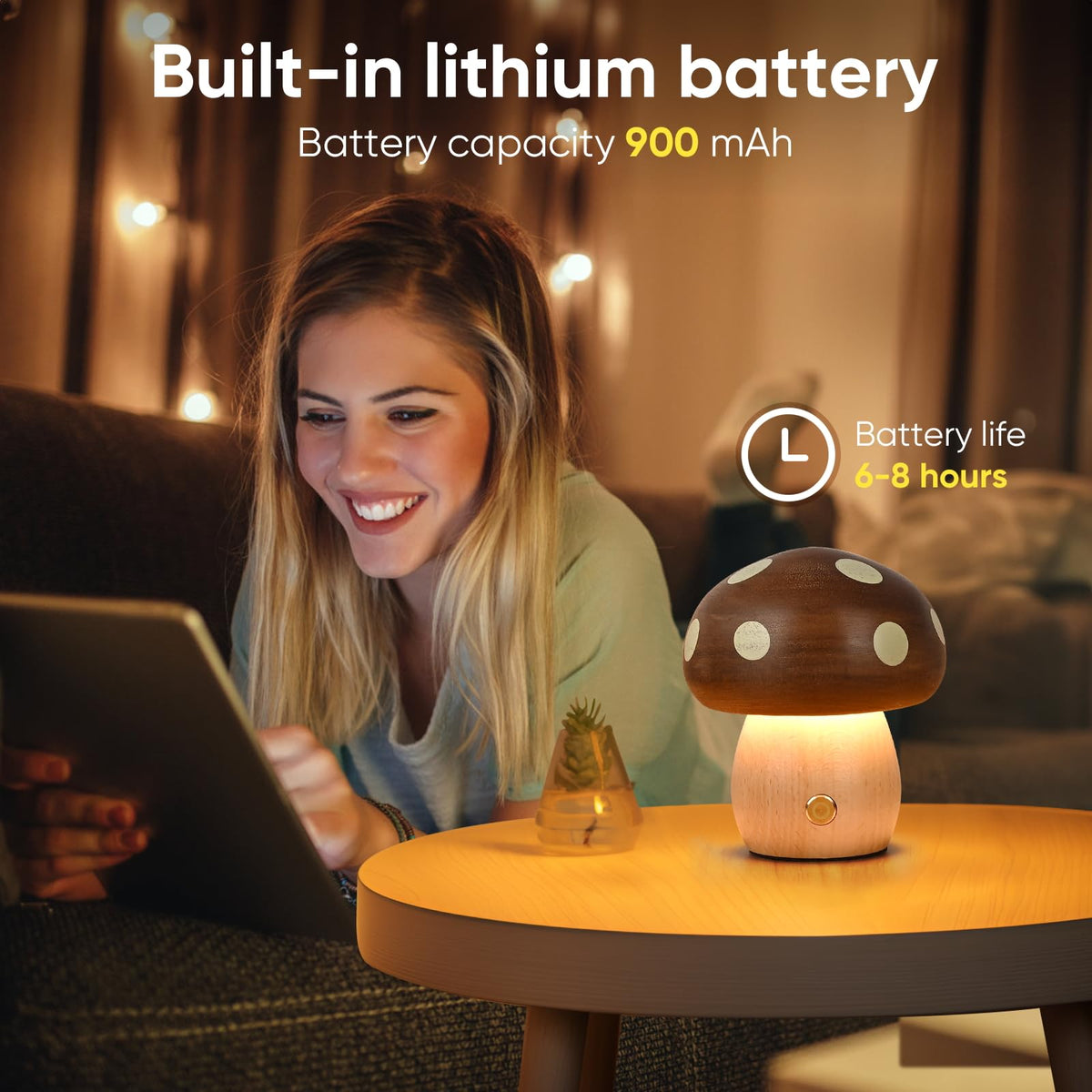 Touch Control Mushroom Night Light – Rechargeable Wooden Desk Lamp with 4 Brightness Levels, Soft Warm Glow for Baby Nursery, Bedroom, or Travel (Wooden Color)