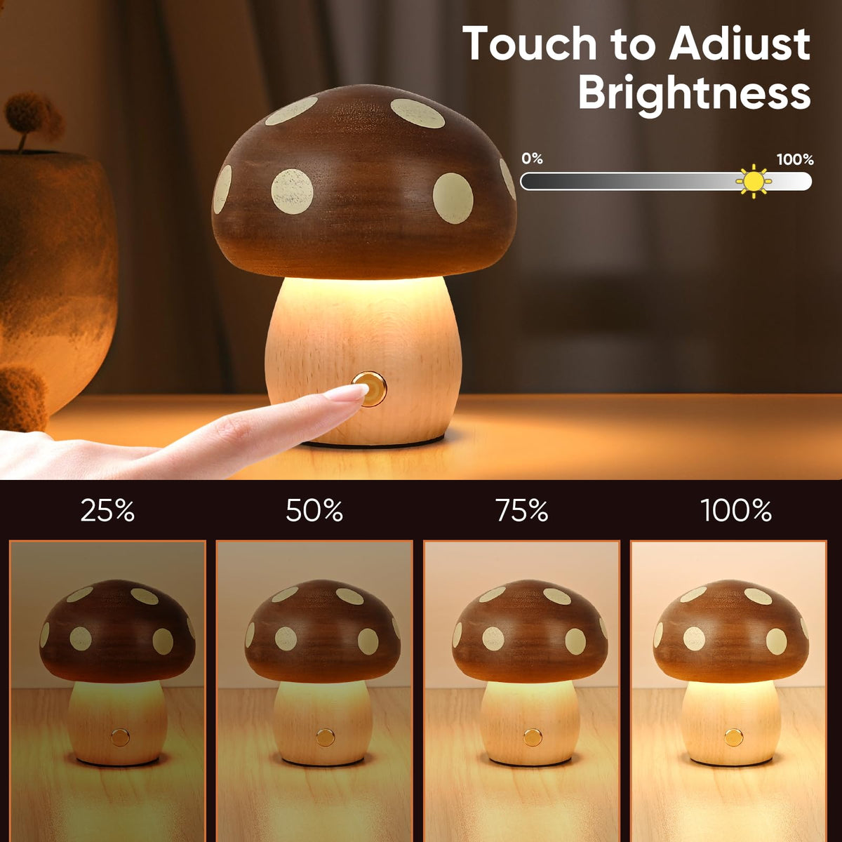 Touch Control Mushroom Night Light – Rechargeable Wooden Desk Lamp with 4 Brightness Levels, Soft Warm Glow for Baby Nursery, Bedroom, or Travel (Wooden Color)