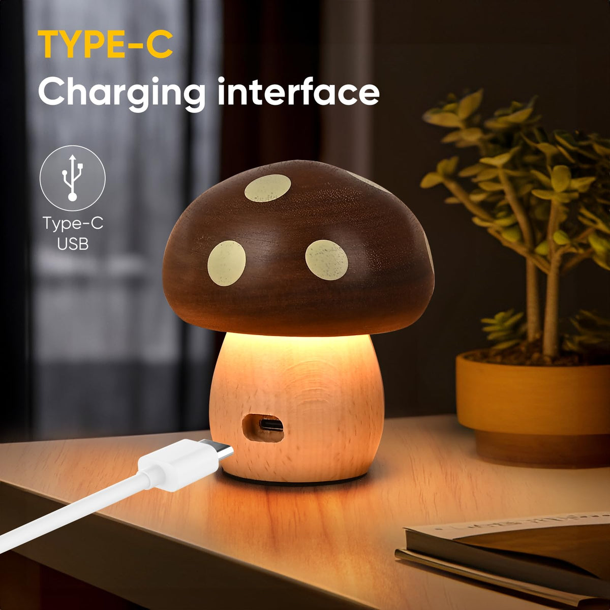 Touch Control Mushroom Night Light – Rechargeable Wooden Desk Lamp with 4 Brightness Levels, Soft Warm Glow for Baby Nursery, Bedroom, or Travel (Wooden Color)