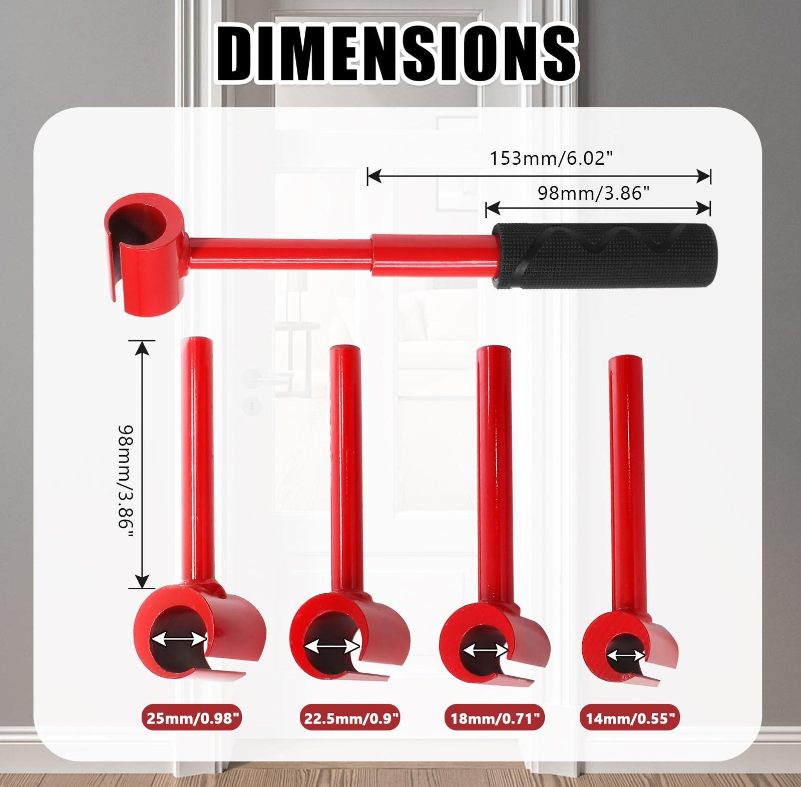 4-in-1 Door Hinge Adjustment Tool – Heavy-Duty Carbon Steel Wrench with Interchangeable Heads for 14mm/0.55" to 25mm/0.98" Hinges, 153mm/6.02" Length (Red)