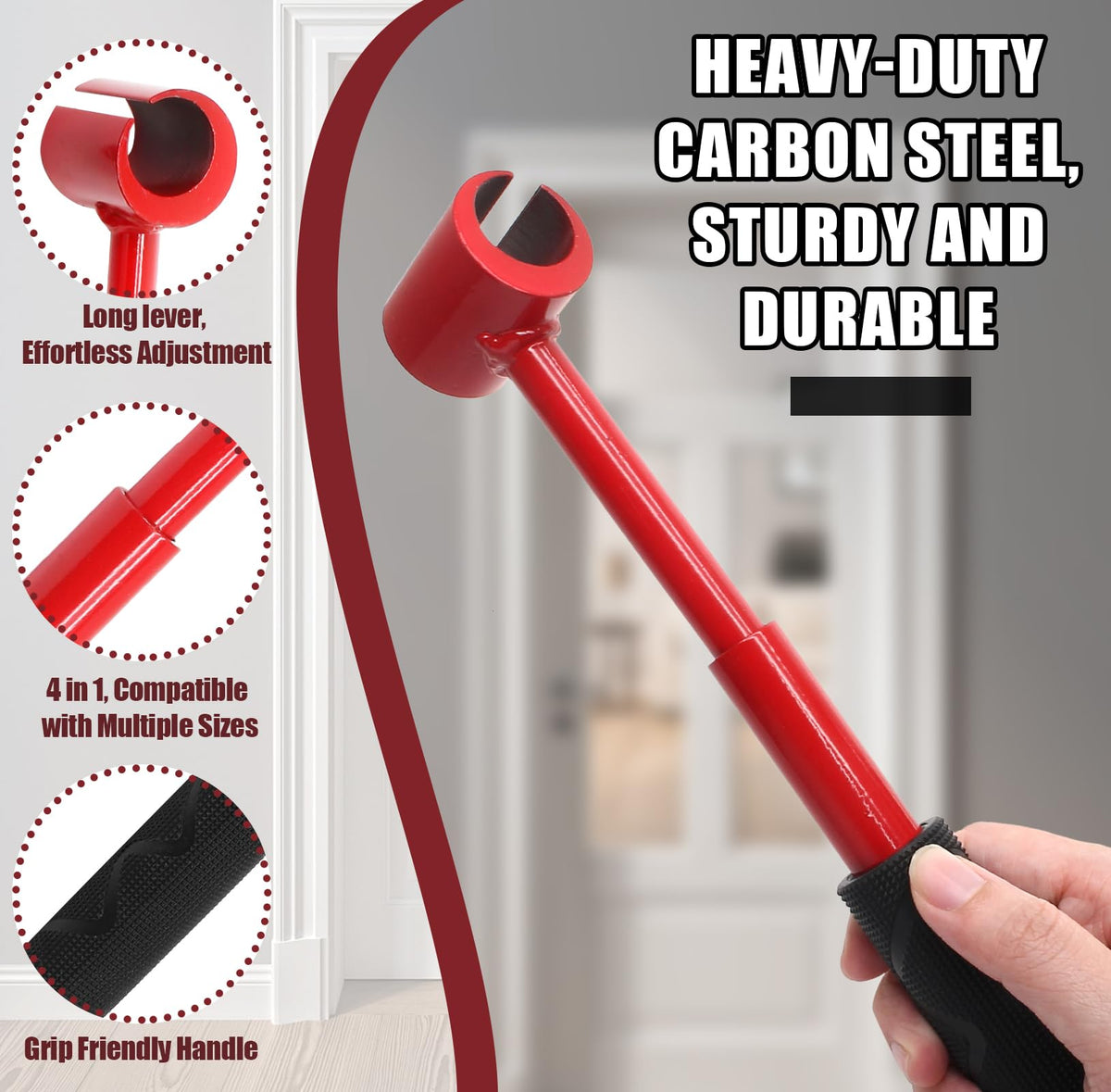 4-in-1 Door Hinge Adjustment Tool – Heavy-Duty Carbon Steel Wrench with Interchangeable Heads for 14mm/0.55" to 25mm/0.98" Hinges, 153mm/6.02" Length (Red)
