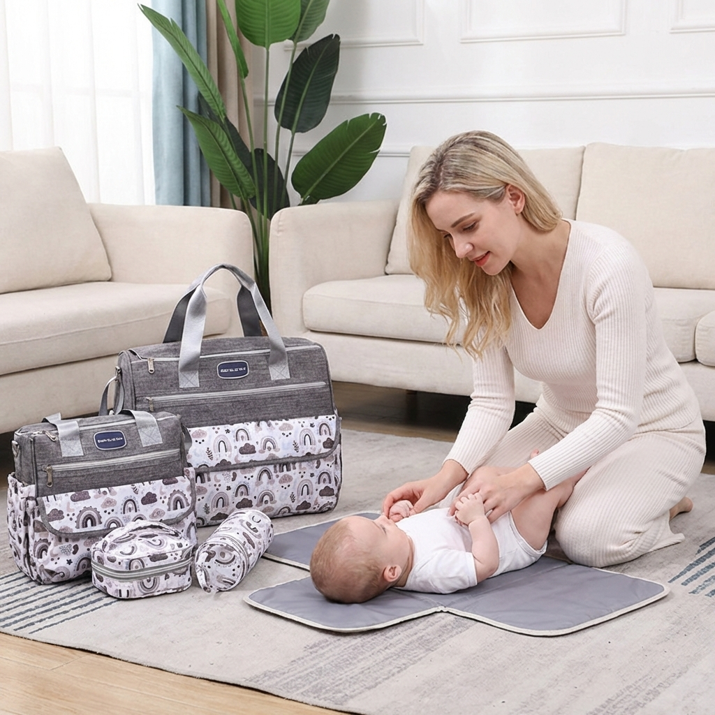 Newborn Diaper Bag Set with Changing Pad – 4-Piece Baby Organizer, Large Capacity Mom Backpack, Insulated Bottle Sleeve & Lunch Bag, Travel Diaper Bag for Moms (Grey)