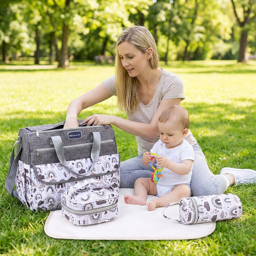 Newborn Diaper Bag Set with Changing Pad – 4-Piece Baby Organizer, Large Capacity Mom Backpack, Insulated Bottle Sleeve & Lunch Bag, Travel Diaper Bag for Moms (Grey)