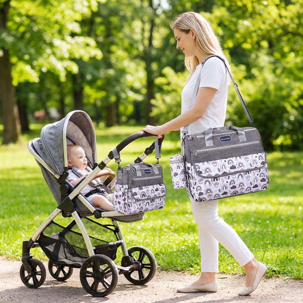 Newborn Diaper Bag Set with Changing Pad – 4-Piece Baby Organizer, Large Capacity Mom Backpack, Insulated Bottle Sleeve & Lunch Bag, Travel Diaper Bag for Moms (Grey)