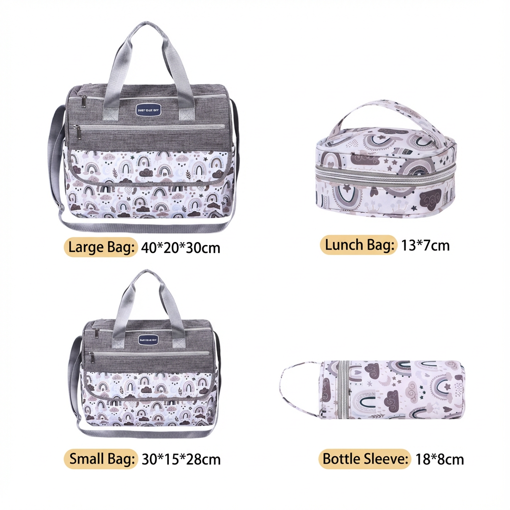 Newborn Diaper Bag Set with Changing Pad – 4-Piece Baby Organizer, Large Capacity Mom Backpack, Insulated Bottle Sleeve & Lunch Bag, Travel Diaper Bag for Moms (Grey)