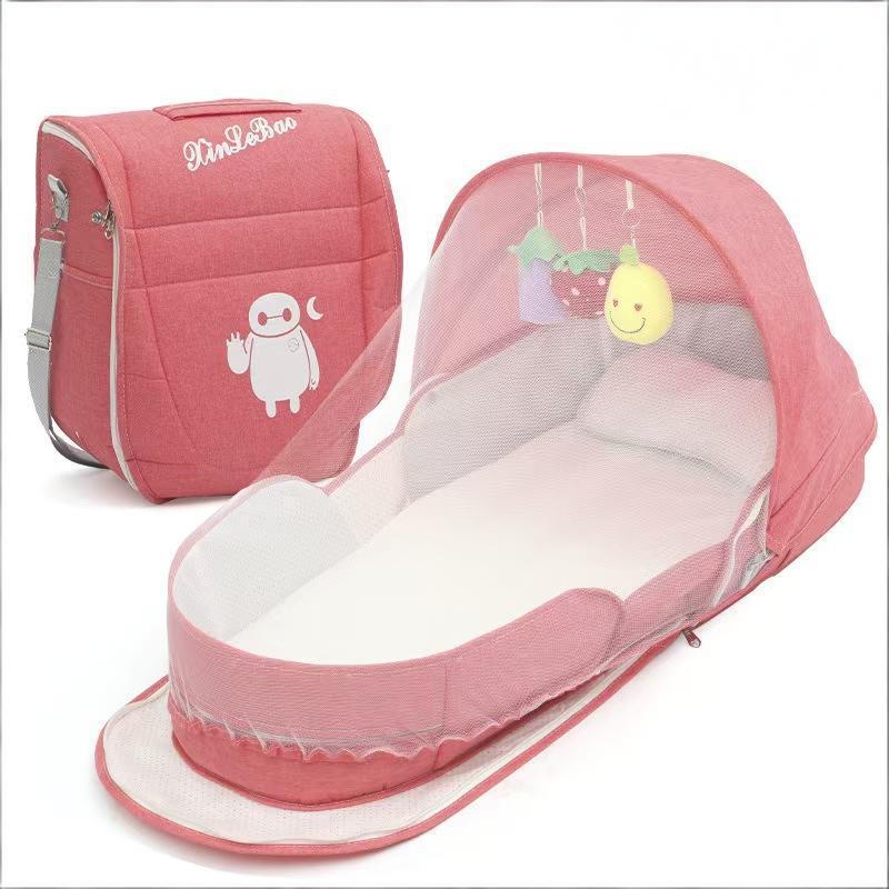 Portable Baby Travel Bassinet with Mosquito Net & Canopy – Foldable Infant Bed, Lightweight Carry Bag (Red)