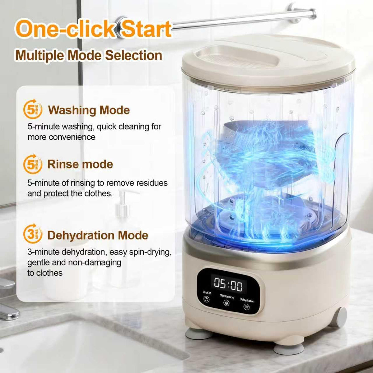 Portable Mini Washing Machine with Spin Dry & UV Sterilization – 3L Capacity, Wash, Rinse, Dehydrate, and Disinfect in One, Ideal for Underwear, Socks, Baby Clothes (White)