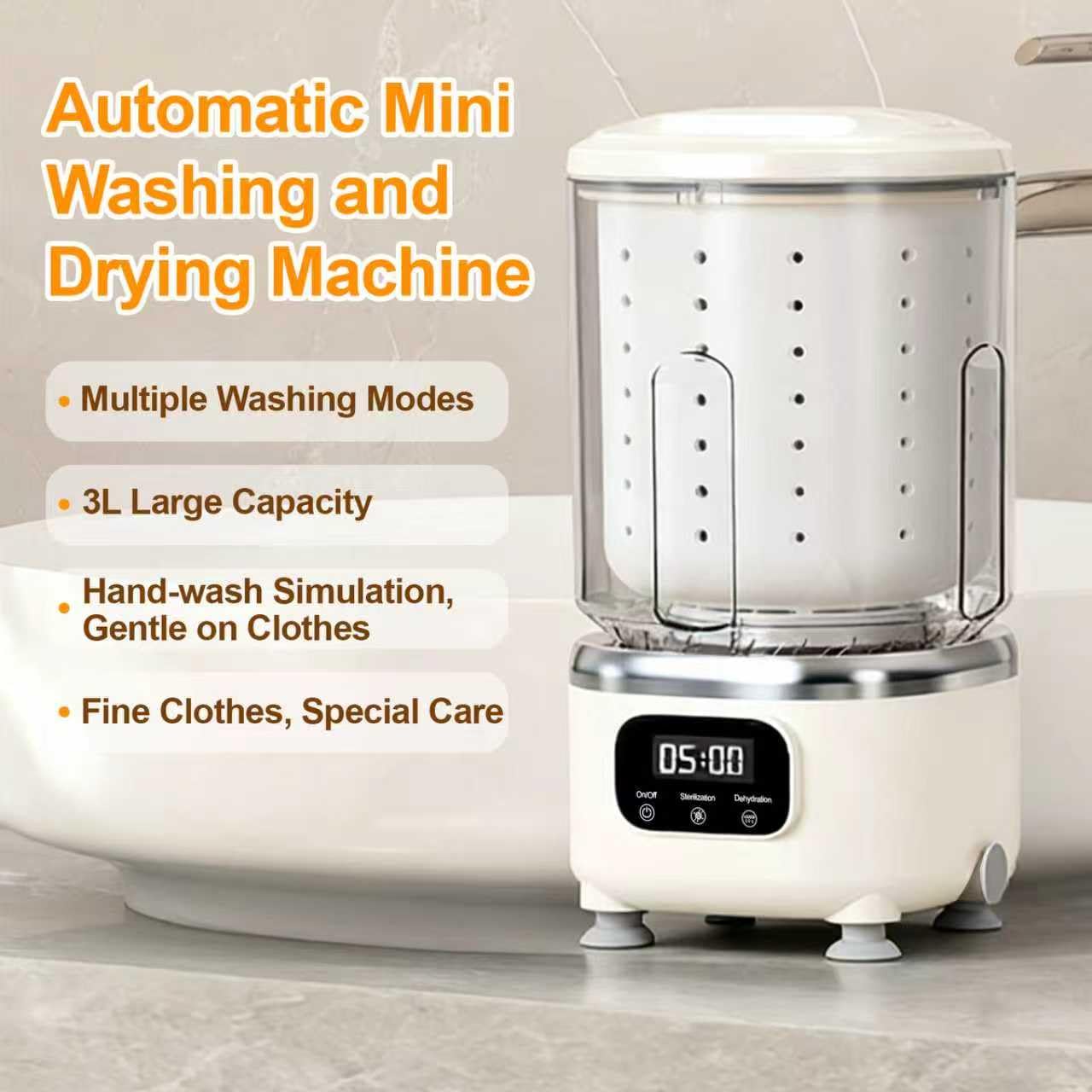 Portable Mini Washing Machine with Spin Dry & UV Sterilization – 3L Capacity, Wash, Rinse, Dehydrate, and Disinfect in One, Ideal for Underwear, Socks, Baby Clothes (White)