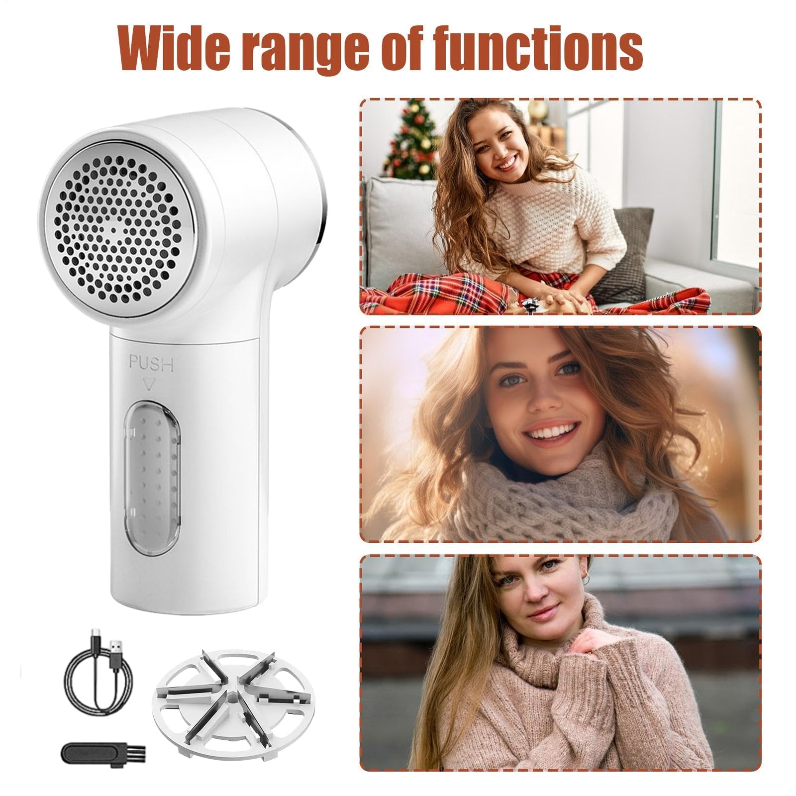 Fabric Shaver with 6 Stainless Steel Blades – USB Rechargeable Lint Remover for Sweaters, Blankets, Carpets & Furniture (White)