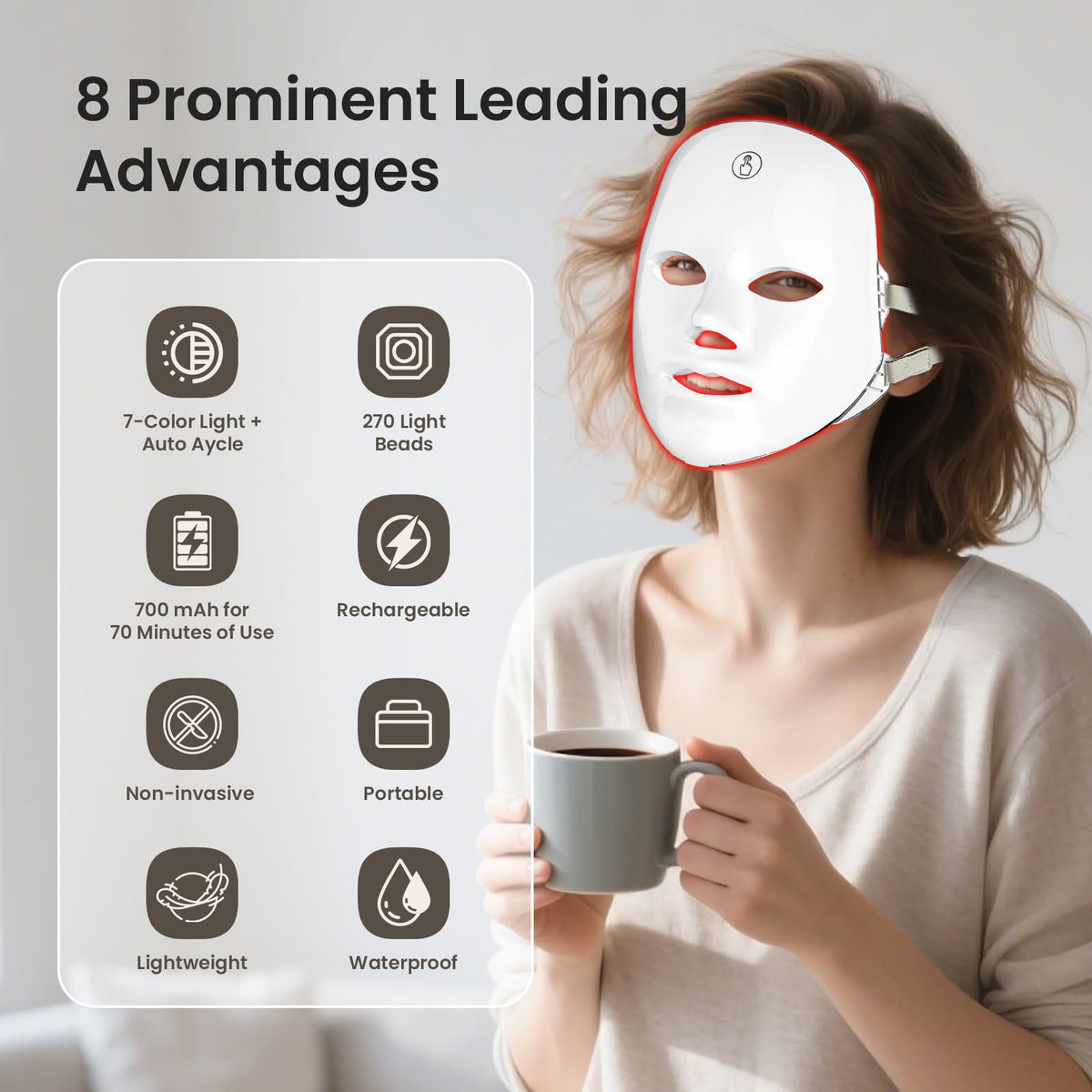 7-Color Facial Light Mask for Home Skincare – Rechargeable LED Beauty Device with 270 LEDs, One-Touch Control & Auto-Timer (White with Gold Trim)  | Other Colors Available in Store