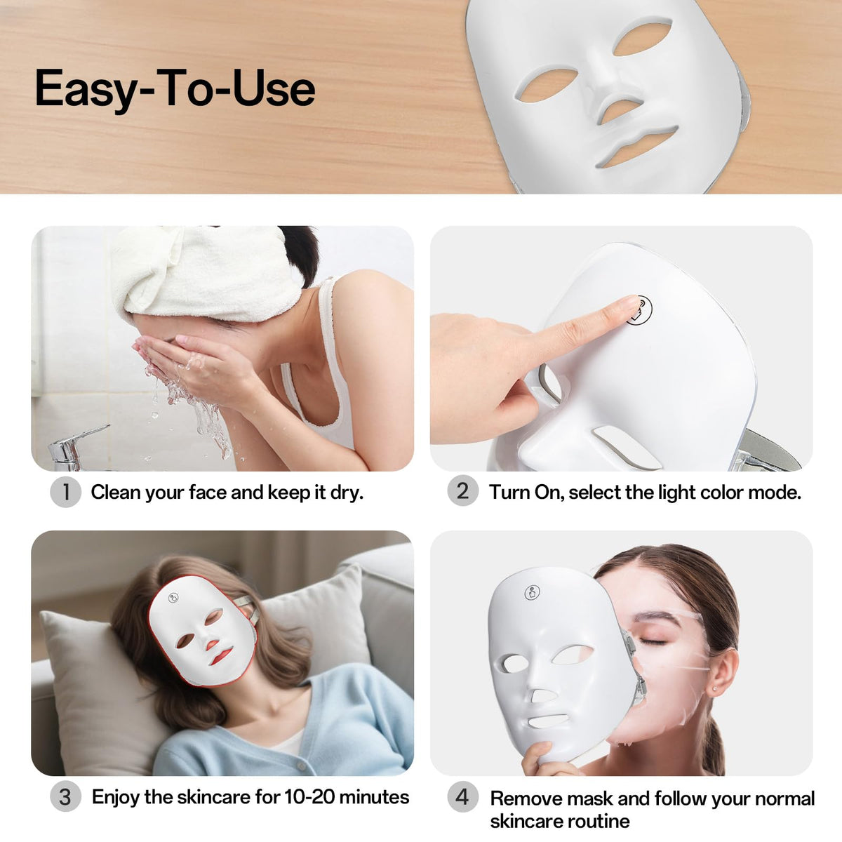 7-Color Facial Light Mask for Home Skincare – Rechargeable LED Beauty Device with 270 LEDs, One-Touch Control & Auto-Timer (Black with Rose Gold Trim)   | Other Colors Available in Store
