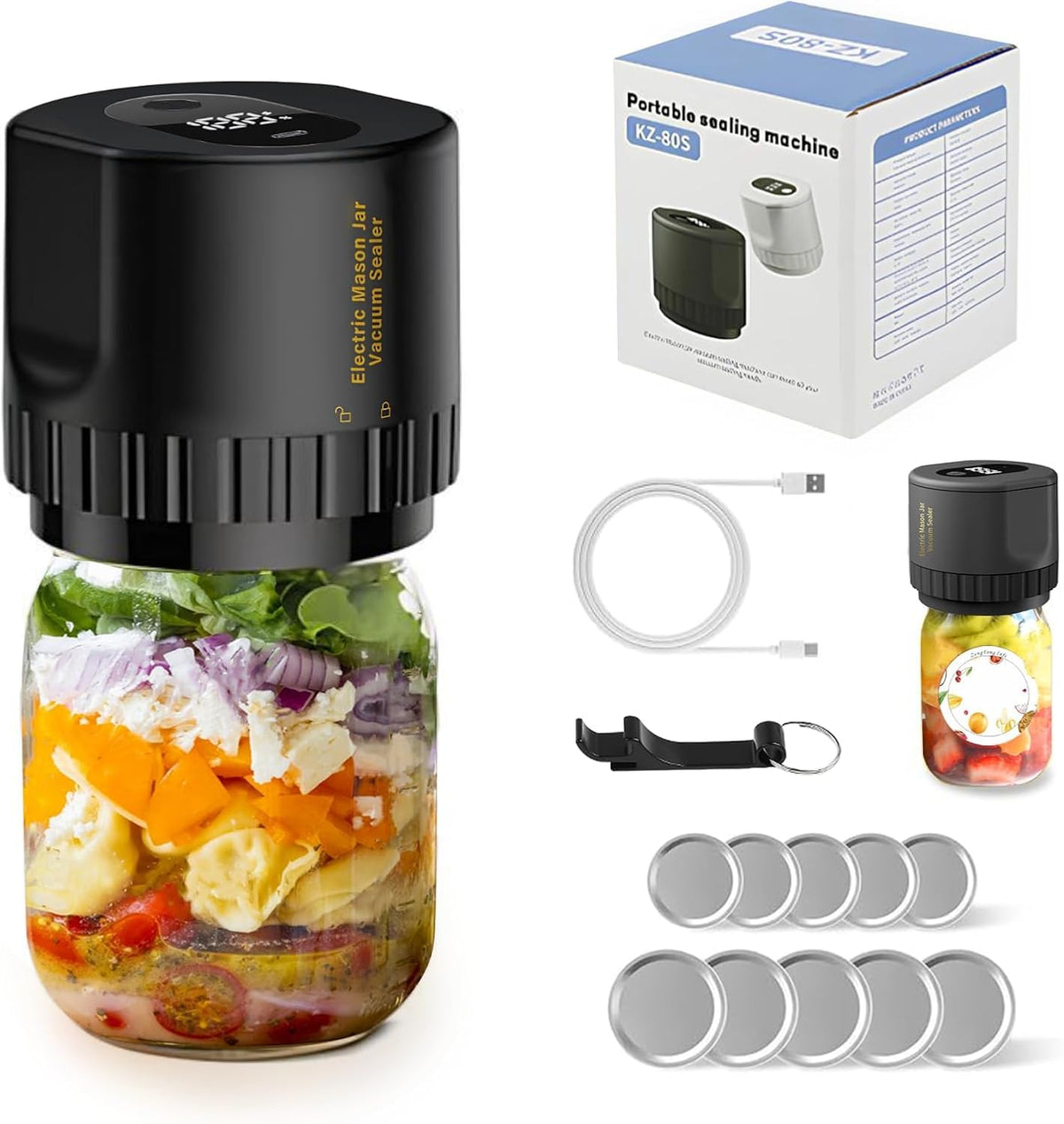Black Electric Mason Jar Vacuum Sealer Kit – Portable Automatic Vacuum Sealing Machine with 80kPa Suction &amp; Reusable Lids for Wide &amp; Regular Mouth Jars