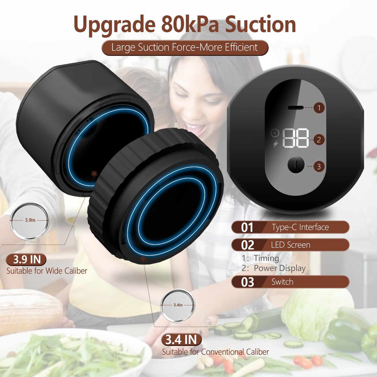 Black Electric Mason Jar Vacuum Sealer Kit – Portable Automatic Vacuum Sealing Machine with 80kPa Suction & Reusable Lids for Wide & Regular Mouth Jars