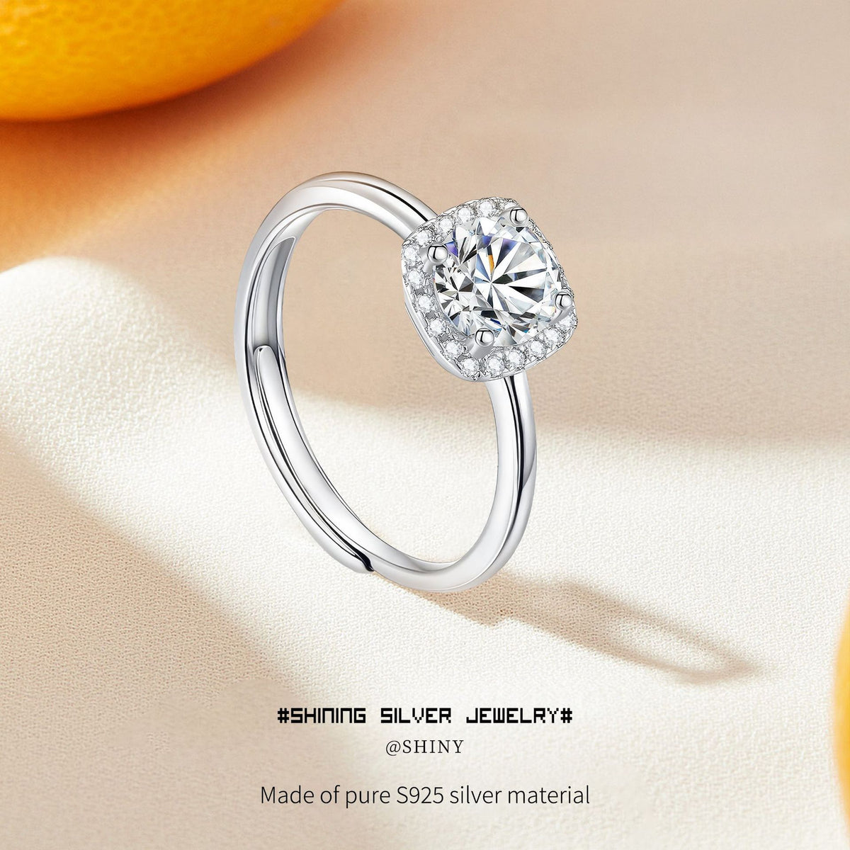 Elegant Square Moissanite Ring – 1 Carat Halo Design in S925 Sterling Silver | Adjustable Band for Women | Perfect Gift for Birthday, Anniversary or Everyday Elegance