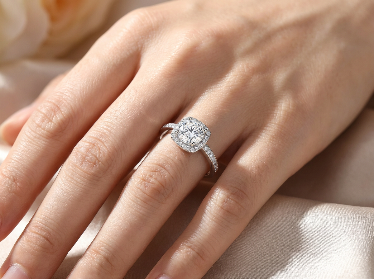 Elegant Square Moissanite Ring – 1 Carat Halo Design in S925 Sterling Silver | Adjustable Band for Women | Perfect Gift for Birthday, Anniversary or Everyday Elegance