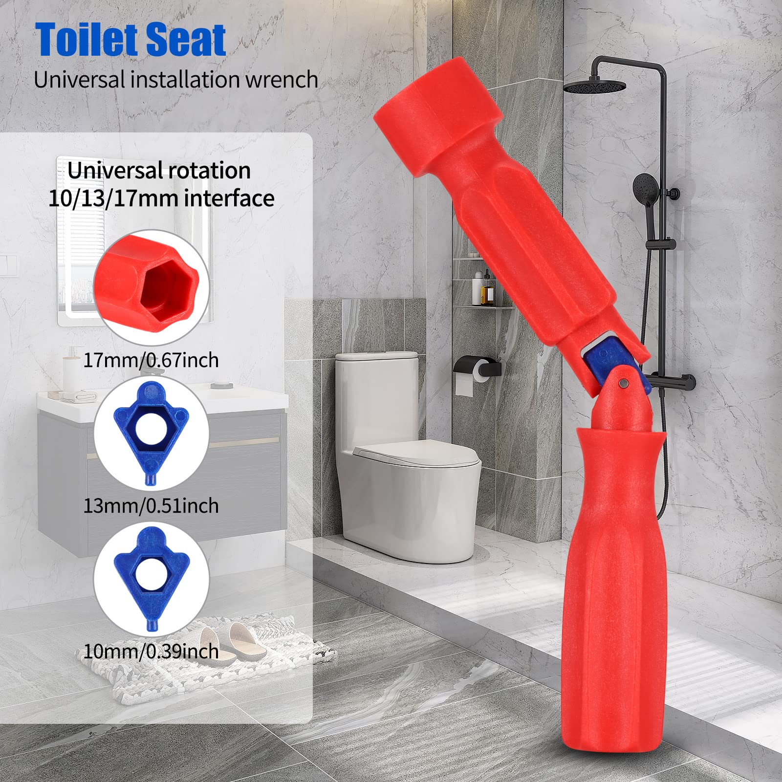 Universal Toilet Seat Installation Wrench – 10/13/17mm Adjustable Bathroom Repair Tool with Rotating Joint, Non-Slip Handle, Compact Design (Red)