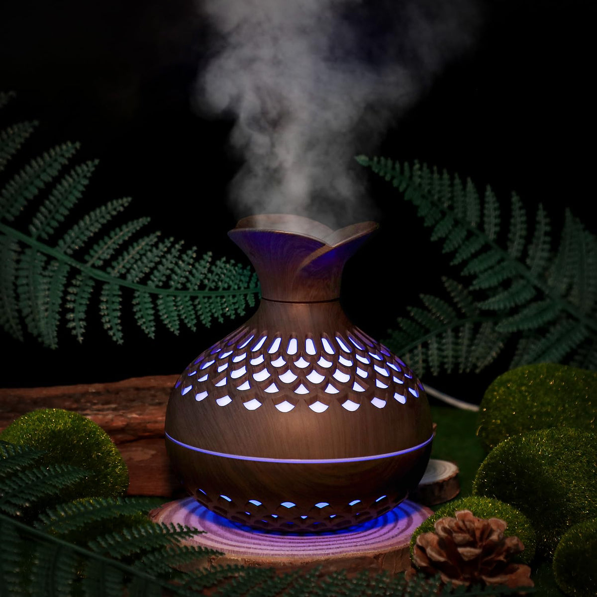 Portable USB Humidifier with 7-Color LED Night Light – Wood Grain Flower Design, Quiet Cool Mist Diffuser for Home, Office &amp; Car (DarkWood)