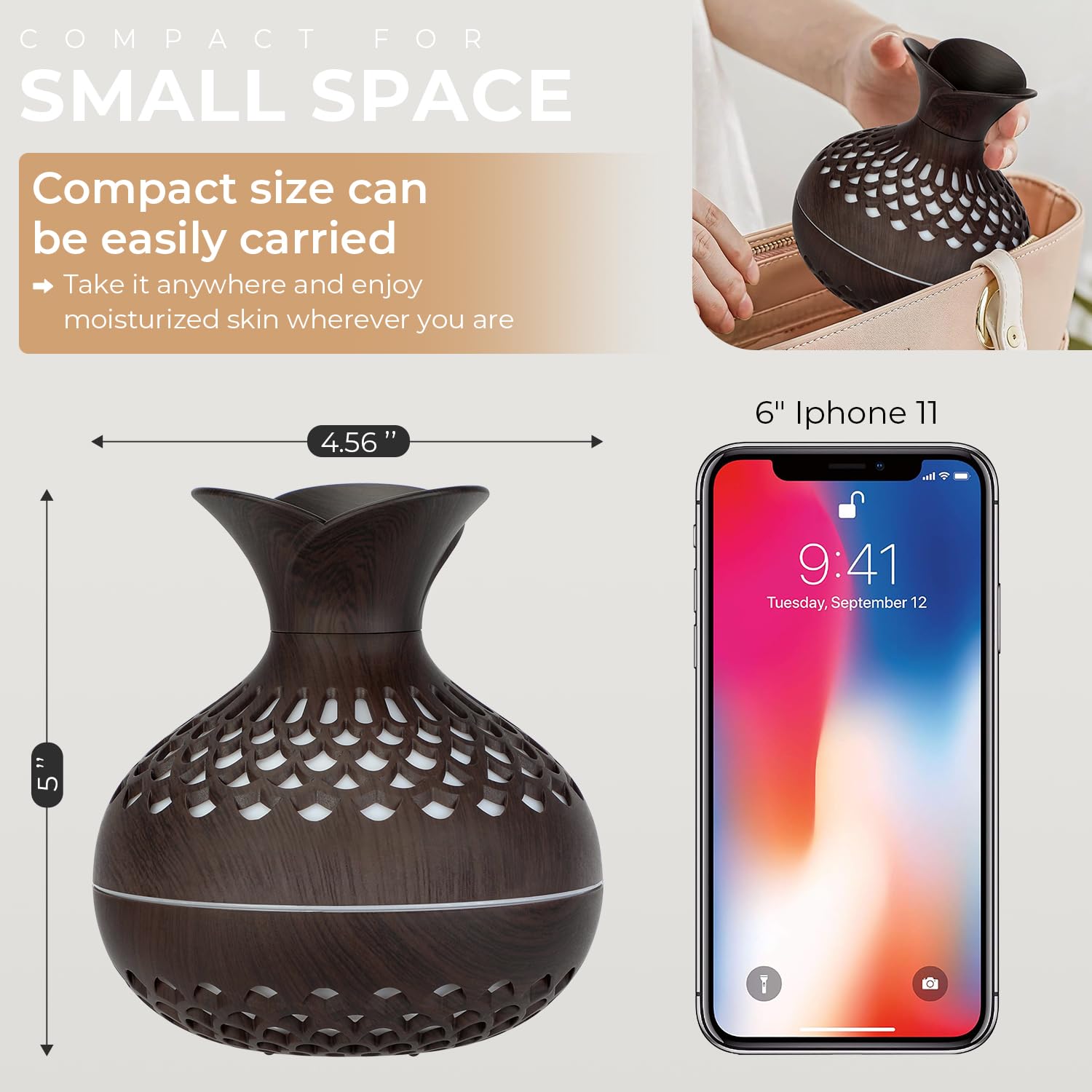 Portable USB Humidifier with 7-Color LED Night Light – Wood Grain Flower Design, Quiet Cool Mist Diffuser for Home, Office & Car (DarkWood)