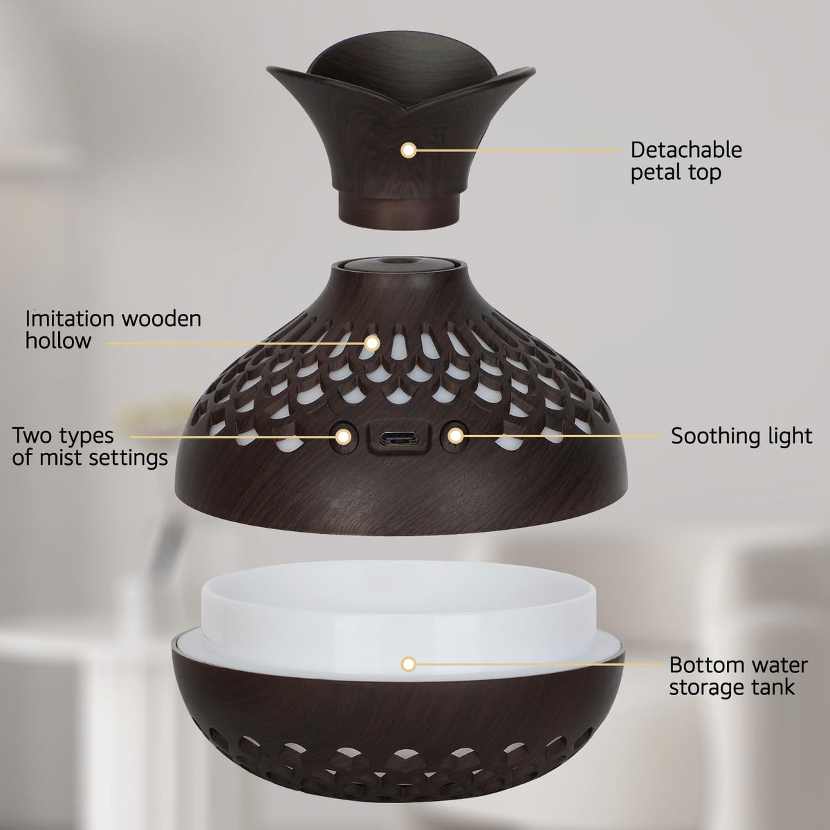 Portable USB Humidifier with 7-Color LED Night Light – Wood Grain Flower Design, Quiet Cool Mist Diffuser for Home, Office & Car (DarkWood)