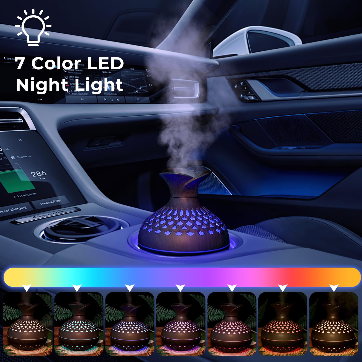 Portable USB Humidifier with 7-Color LED Night Light – Wood Grain Flower Design, Quiet Cool Mist Diffuser for Home, Office & Car (Lightwood)