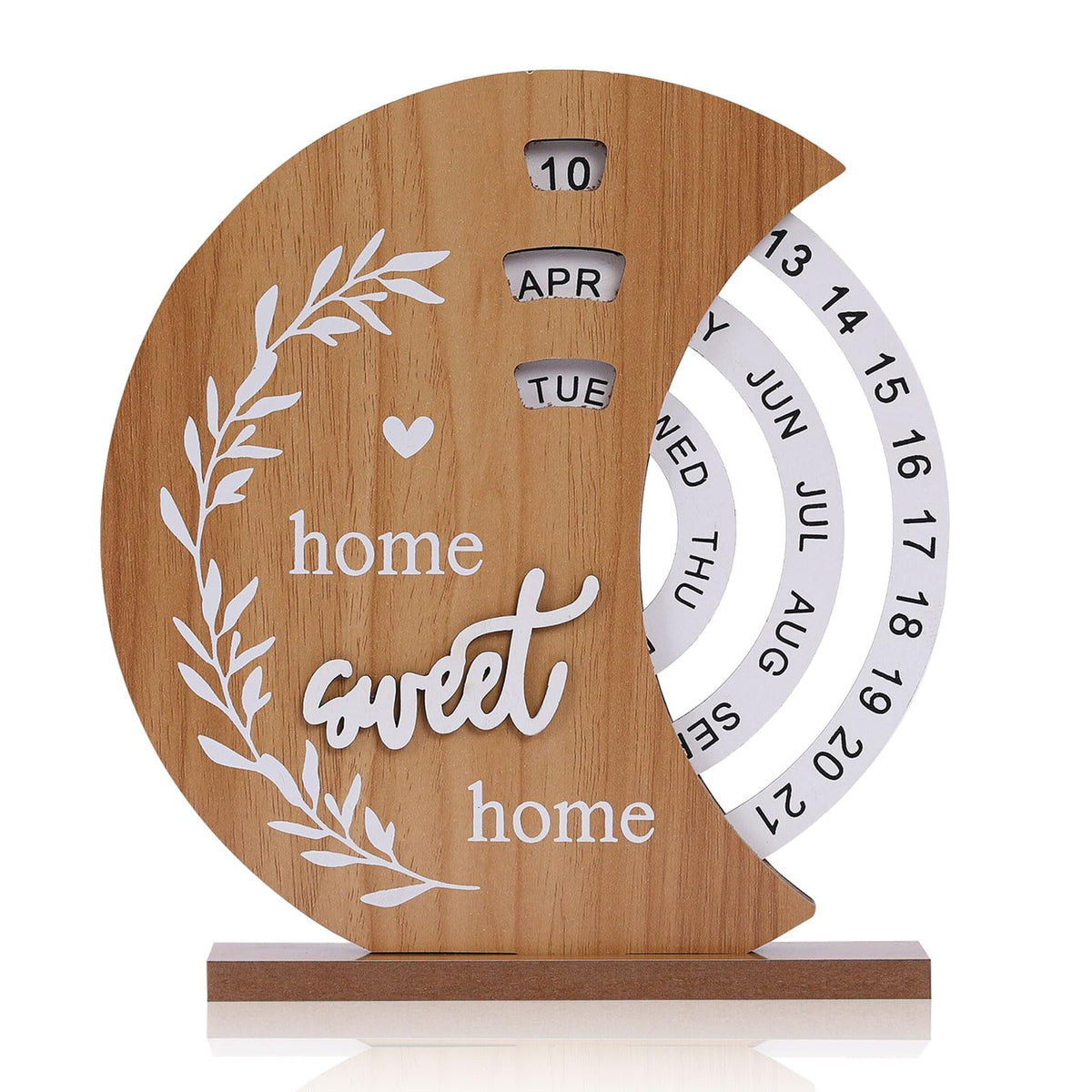 Wooden Perpetual Calendar with Rotating Discs – Elegant Desk Decor for Home &amp; Office, “Home Sweet Home” Design (Natural Wood)