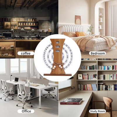 Wooden Perpetual Calendar with Rotating Discs – Elegant Desk Decor for Home & Office, Date Day Month Display (Natural Wood)