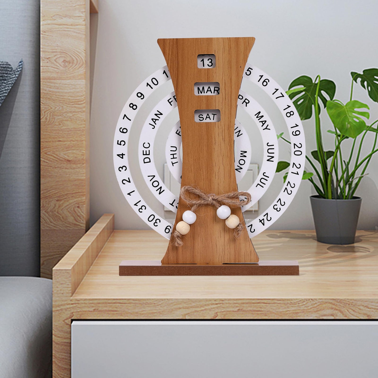 Wooden Perpetual Calendar with Rotating Discs – Elegant Desk Decor for Home & Office, Date Day Month Display (Natural Wood)