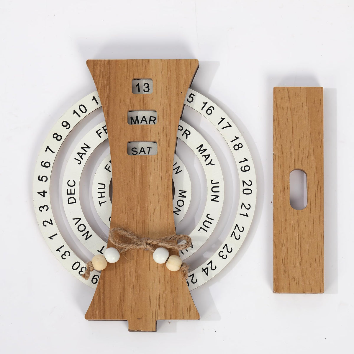 Wooden Perpetual Calendar with Rotating Discs – Elegant Desk Decor for Home & Office, Date Day Month Display (Natural Wood)